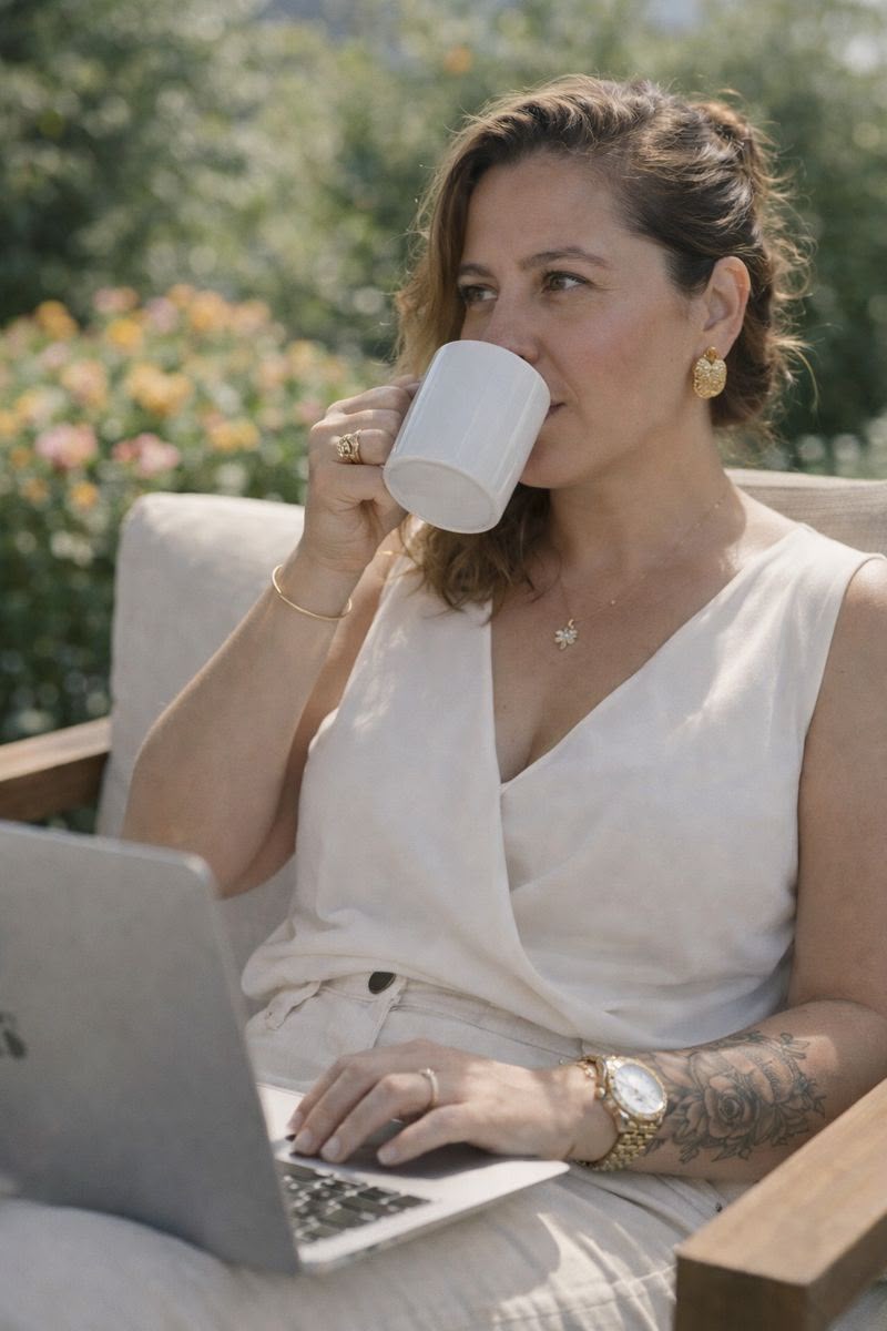 Carla Silva sentada ao ar livre com o notebook e uma x&iacute;cara de caf&eacute;