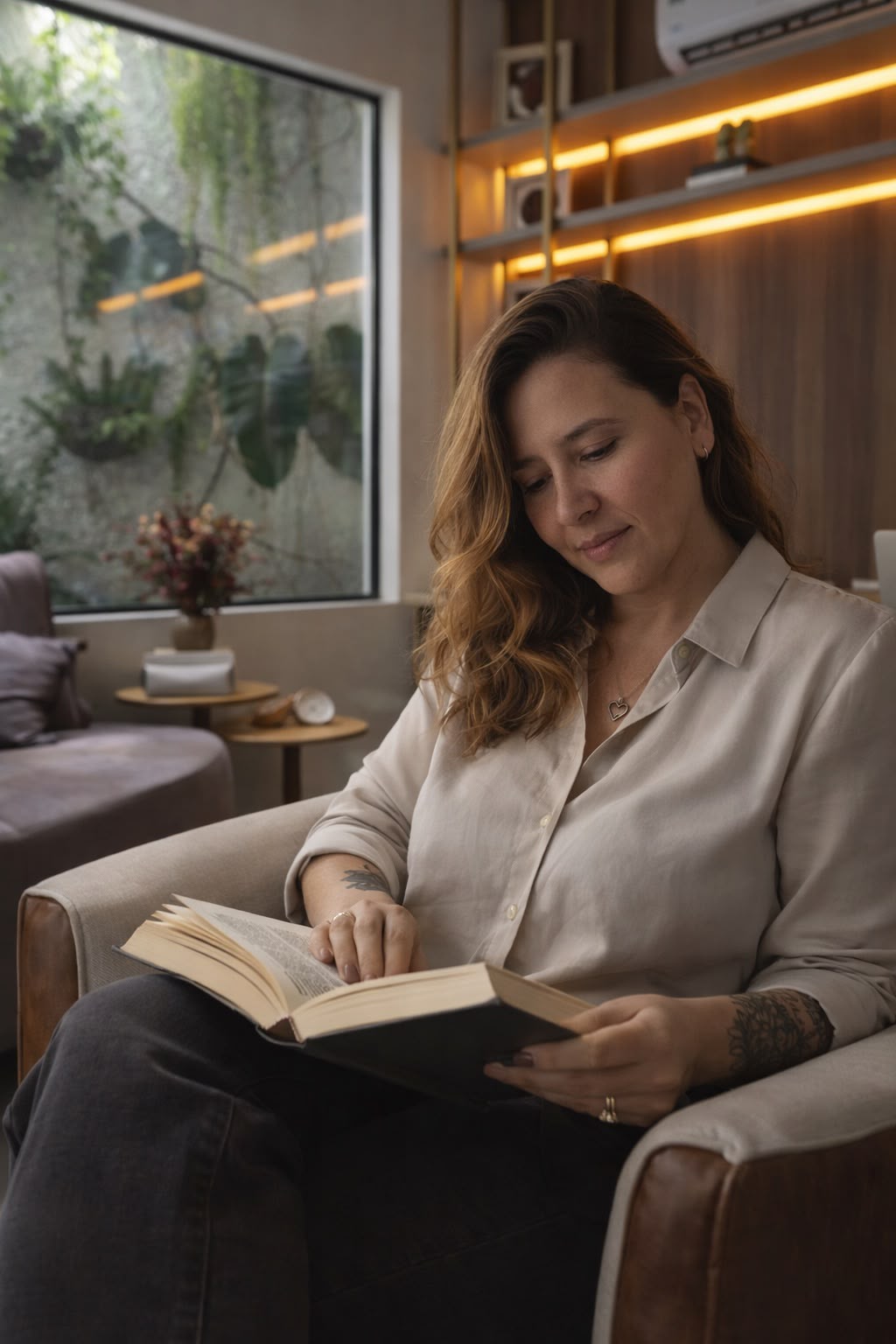 Carla Silva lendo em uma poltrona do consultório