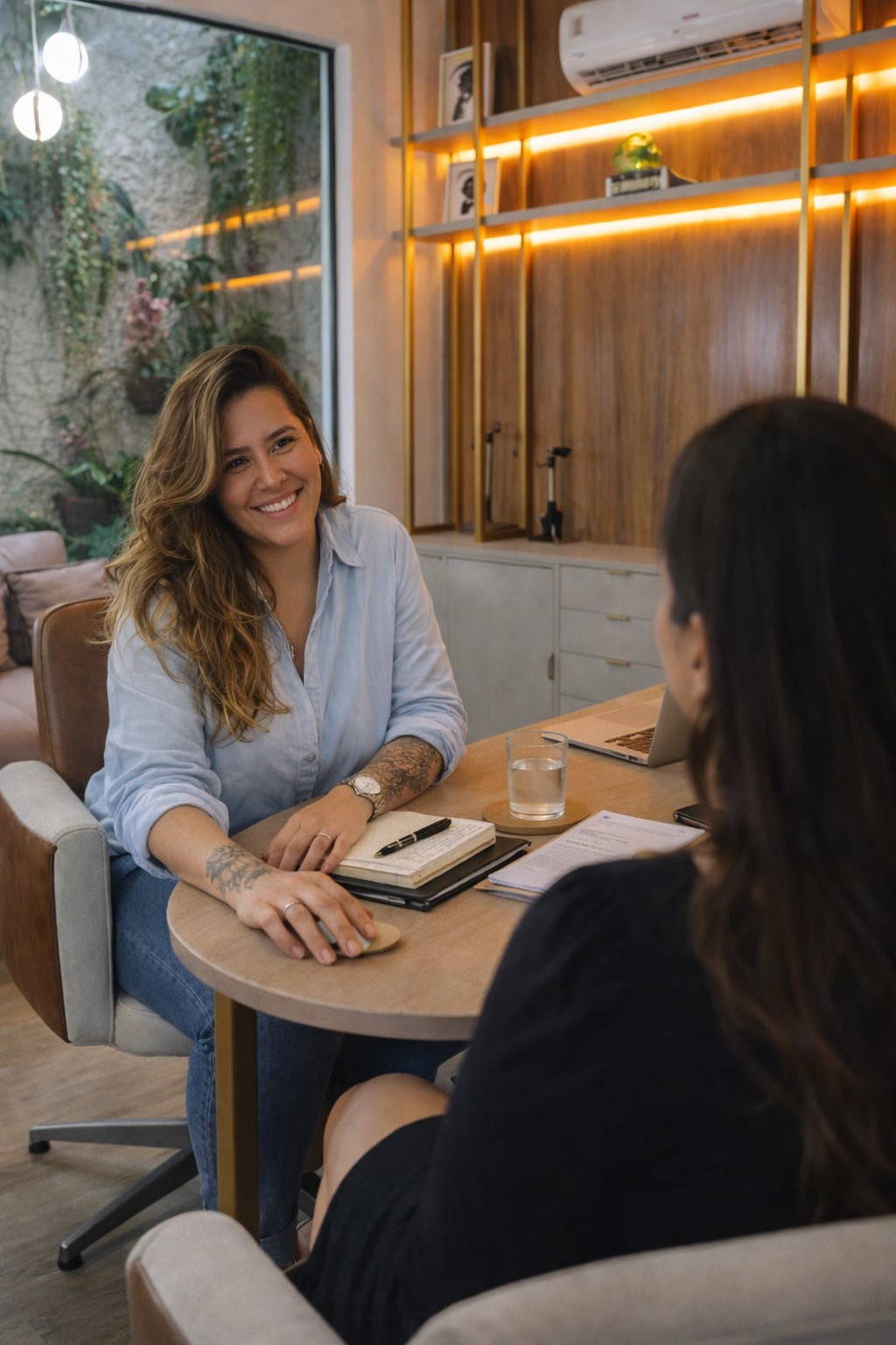 Carla Silva conversando &agrave; mesa do consult&oacute;rio