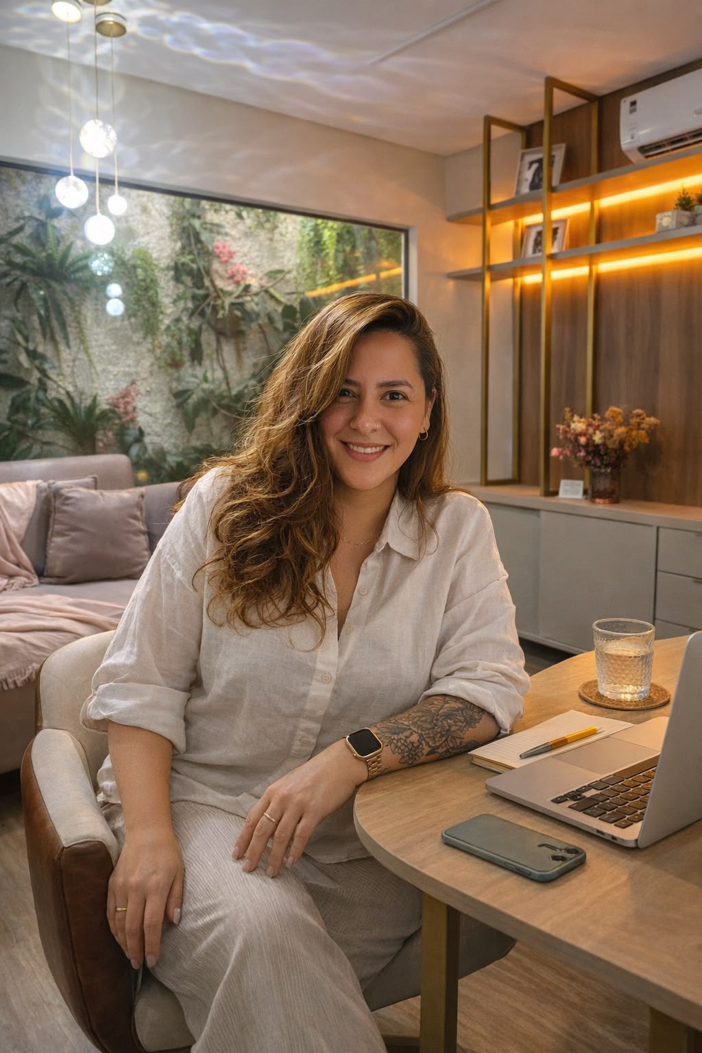 Carla Silva no consultório, sentada à mesa ao lado da janela com jardim